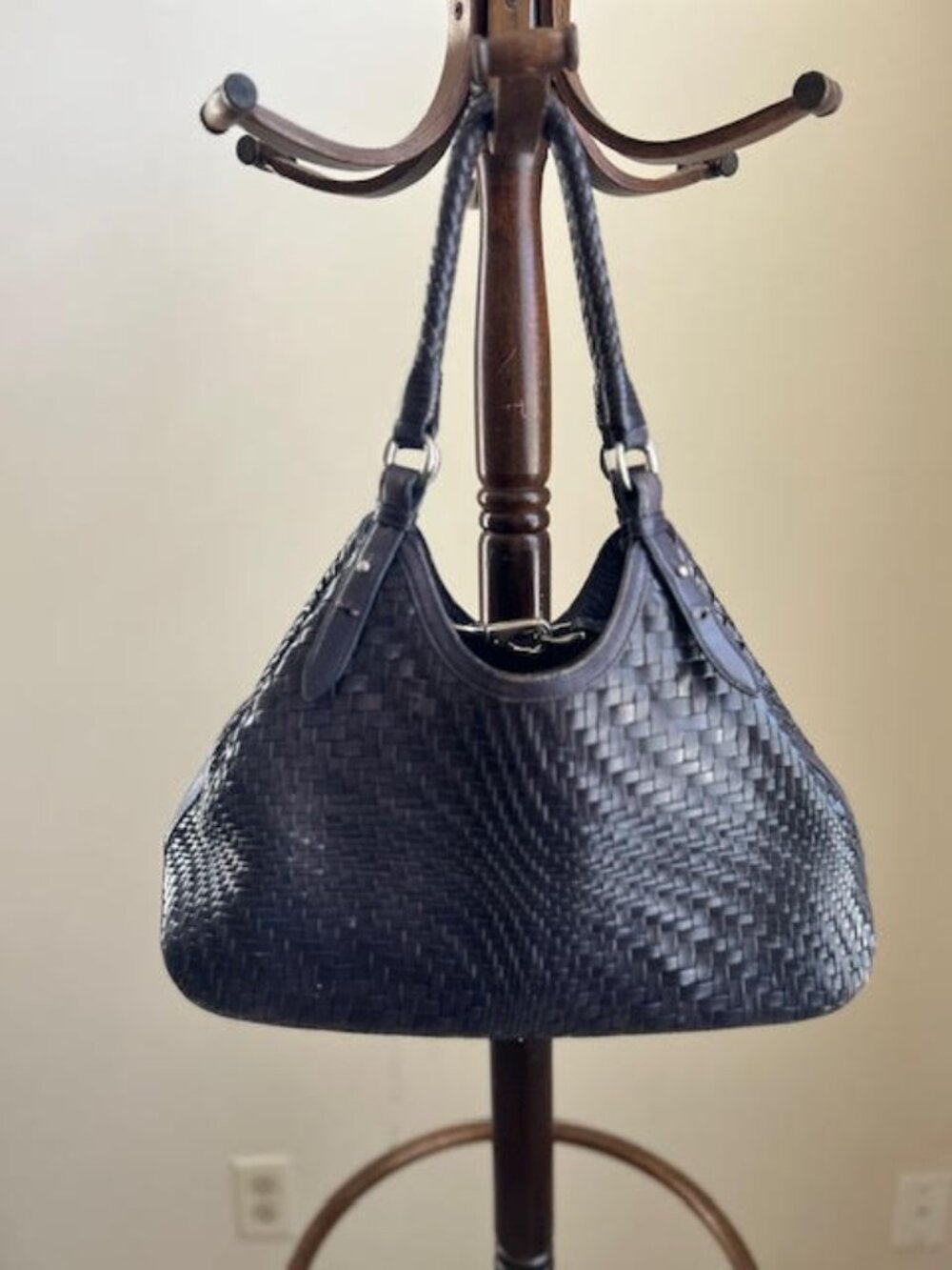 Cole Haan Genevieve Triangle Tote Navy Woven Leather - Picture 10 of 12